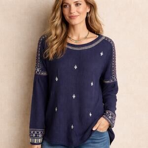 Sundance Lila Waffle Knit Embroidered Thermal Top | Size L